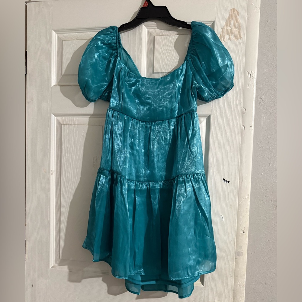 Crystal Sky Junior's Balloon Sleeve Babydoll Dress w/ Back Tie Size L Teal